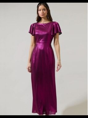 Rina Metallic Aspen Magenta Flutter-Sleeve Evening Dress NWT